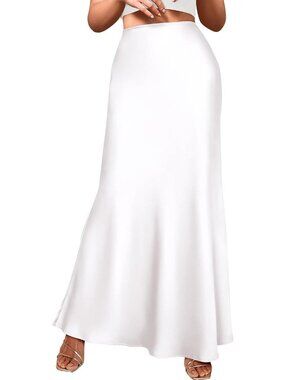 Women's White Satin Silk High Waist Flared Pull On Maxi Mermaid Satin Skirt